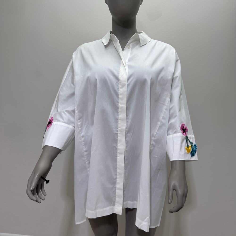 NWT Marina Rinaldi White Cotton Floral Embroidery Shirt US 20 Minimalist Luxury